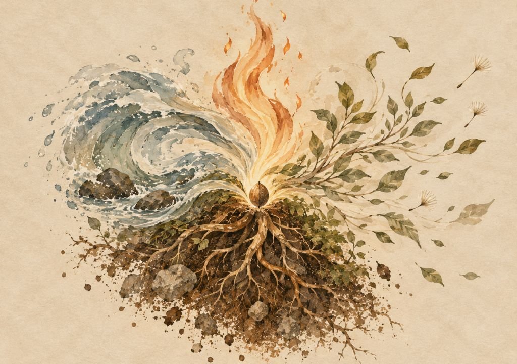 4 elementos naturales: tierra, aire, fuego, agua